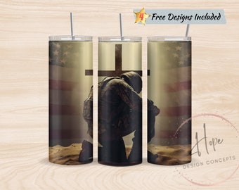 American Soldier Kneeling At Cross 20 oz Skinny Tumbler Sublimation Design Template, Tumbler PNG Digital Download, Military Tumbler