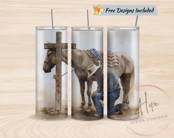 Cowboy With Horse Kneeling At Cross 20 oz Skinny Tumbler Sublimation Design Template, PNG Digital Download, Cowboy Tumbler, Horse Tumbler