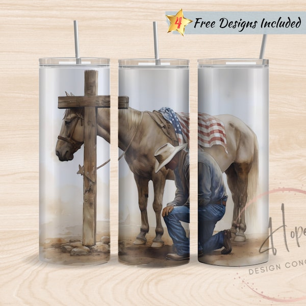 Cowboy With Horse Kneeling At Cross 20 oz Skinny Tumbler Sublimation Design Template, PNG Digital Download, Cowboy Tumbler, Horse Tumbler