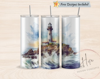 Lighthouse Watercolor 20 oz Skinny Tumbler Sublimation Design Template, Tumbler PNG Instant Digital Download, Lighthouse Tumbler