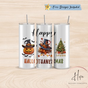 Happy Hallothanksmas 20 oz Skinny Tumbler Sublimation Design, Instant DIGITAL Download, Halloween PNG, Christmas PNG, Thanksgiving png