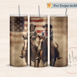 Kids On Horseback With American Flag BG 20 oz Skinny Tumbler Sublimation Design Template, Tumbler PNG Digital Download, Western Tumbler