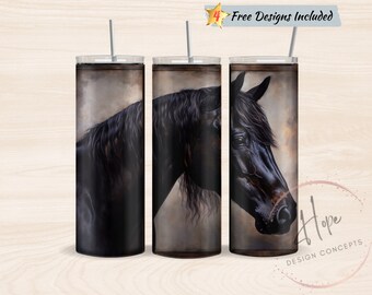 Garanhão preto copo magro de 20 onças, modelo de design de sublimação de cavalo, download digital instantâneo PNG, envoltório de copo de cavalo, ocidental PNG