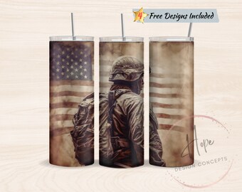 American Soldier With Flag 20 oz Skinny Tumbler Sublimation Design Template, PNG Digital Download, Patriotic Tumbler, Military Tumbler