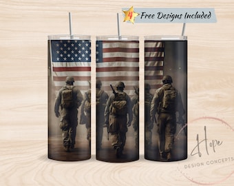 American Soldiers With Flag 20 oz Skinny Tumbler Sublimation Design Template, PNG Digital Download, Patriotic Tumbler, Military Tumbler