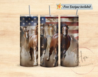 Running Horses And American Flag 20 oz Skinny Tumbler Sublimation Design Template, Tumbler PNG Digital Download, Western Tumbler