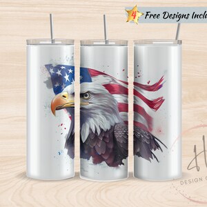 Bald Eagle and American Flag Watercolor 20 oz Skinny Tumbler Sublimation Design Template, PNG Instant Digital Download, Patriotic Tumbler