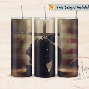 American Soldier Kneeling At Cross 20 oz Skinny Tumbler Sublimation Design Template, PNG Digital Download, Military Tumbler, Cross Tumbler