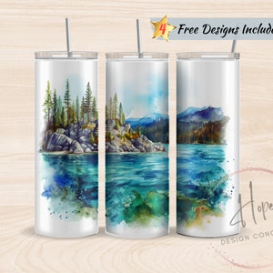 Lake Tahoe Watercolor 20 oz Skinny Tumbler Sublimation Design Template, PNG Instant Digital Download, Outdoor Tumbler, Mountain Tumbler