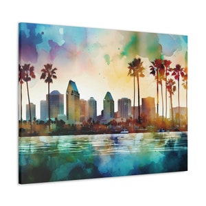 San Diego Watercolor Skyline Canvas Wall Art Design | Canvas Print | Ready to Hang Unique Canvas Print | Watercolor Art | City Art