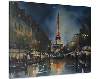 Paris at Night Canvas Wall Art Design | Canvas Print | Ready to Hang Unique Canvas Print | Watercolor Art | City Art