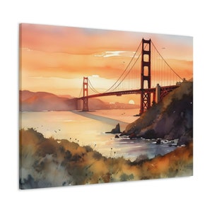 Golden Gate Bridge Canvas Wall Art Design | San Francisco Canvas Print | Ready to Hang Unique Canvas Print | Watercolor Art | City Art