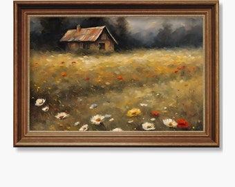 Olieverfschilderij veldlandschap met wilde bloemen, vintage woondecoratie (digitale download)