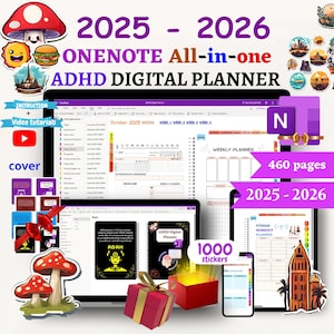 Planificador digital OneNote para TDAH 2025-2026, plantilla de planificador OneNote con hipervínculos: Android, iPad, Windows, PC, MacBook, plantilla OneNote profesional