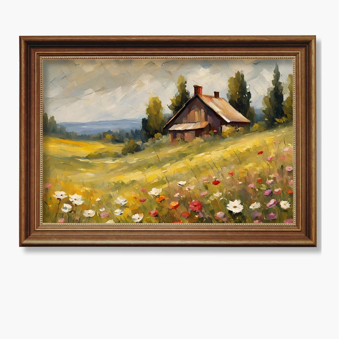 Wildflower Field Landscape Oil Painting, Vintage Printable Art (digital ...