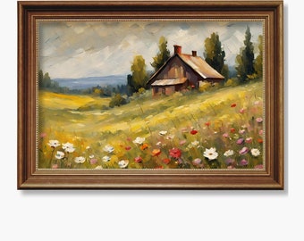 Landschapsolieverfschilderij met wilde bloemen, vintage afdrukbare kunst (digitale download)