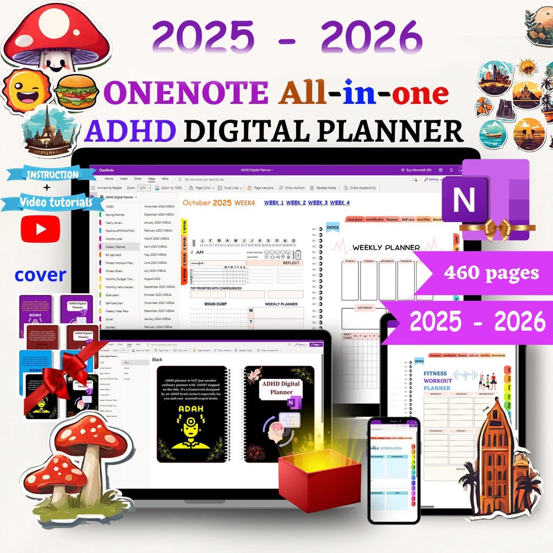 Adhd Digital Planner 2025 2026 , Hyperlinked Onenote Planner Template