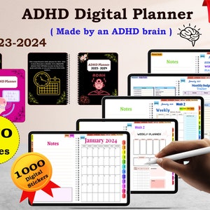 Planificador digital para el TDAH Goodnotes 2023-2024, Goodnotes para el TDAH, Android. Planificador diario para adultos con TDAH, cuidado personal y rastreador de hábitos para ipad