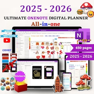 May include: A digital planner for OneNote with 450 pages, covering the years 2025-2026. The planner includes a weekly planner, fitness workout planner, and stickers. The image shows a laptop, tablet, and phone displaying the planner.