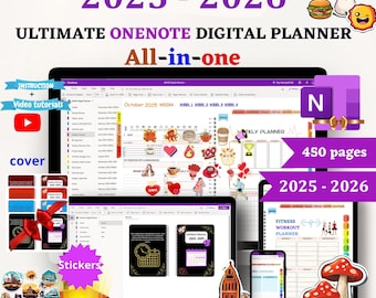 Digitale planner OneNote 2025-2026: sjabloon met hyperlinks en stickers