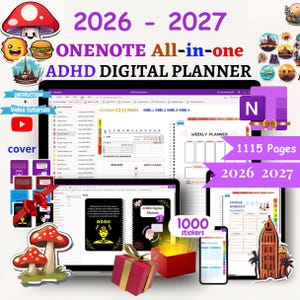 Agenda numérique OneNote TDAH 2026-2027, modèle d'agenda OneNote avec liens hypertexte - Android, iPad, Windows, PC, MacBook modèle professionnel onenote