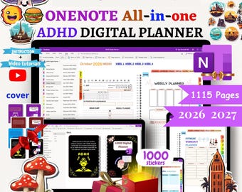 OneNote ADHD digitale planner 2026-2027, hyperlinked OneNote Planner-sjabloon - Android, iPad, Windows, pc, MacBook onenote-sjabloon professioneel