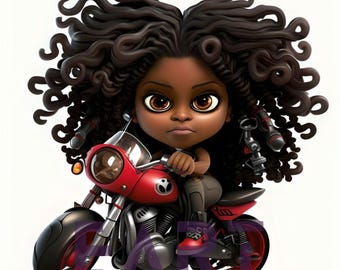 Biker Girl Clipart PNG – Red Motorcycle Rider, Cartoon Black Woman (Digital Download)