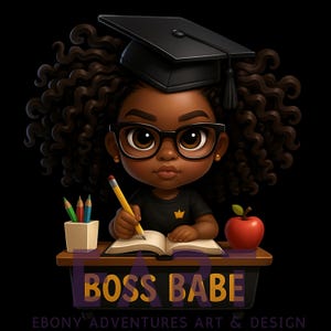 Clipart di Boss Babe n. 2 per la scuola / PNG di ragazza nera / Clipart di ritorno a scuola / Clipart di laurea / Mela di ragazza afro / Studentessa nera / Clipart di ragazza chibi