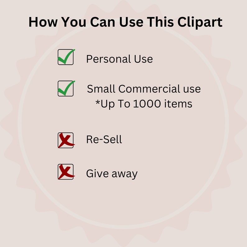 May include: A checklist with green checkmarks next to "Personal Use" and "Small Commercial use *Up To 1000 items" and red X marks next to "Re-Sell" and "Give away".