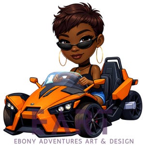May include: Cartoon illustration of a person driving an orange and black three-wheeled vehicle. The person is wearing sunglasses and gold hoop earrings. The text "EBONY ADVENTURES ART & DESIGN" is at the bottom.