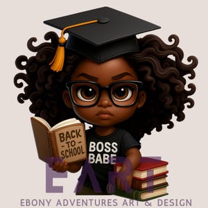 Clipart di Boss Babe School / PNG di ragazza nera / Clipart di ritorno a scuola / Clipart di laurea / Arte chibi di ragazza nera / Illustrazione di studente afro