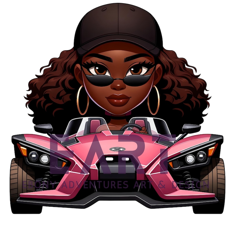 May include: A cartoon illustration of a woman with curly brown hair wearing a black baseball cap and sunglasses, driving a pink three-wheeled sports car.