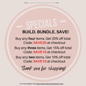 May include: Pink circle with white text that says "SPECIALS - BUILD. BUNDLE. SAVE!" and lists discounts for buying multiple items. The text includes discount codes: SAVE20, SAVE15, and SAVE10.