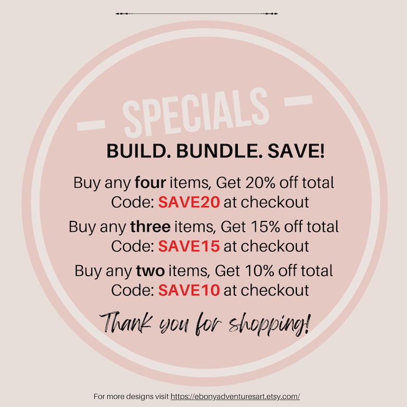 May include: Pink circle with white text that says "SPECIALS - BUILD. BUNDLE. SAVE!" and lists discounts for buying multiple items. The text includes discount codes: SAVE20, SAVE15, and SAVE10.