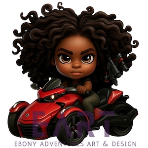 Clipart di una ragazza nera su un triciclo / PNG di una motocicletta a 3 ruote / Ragazza motociclista con sbuffo afro / Clipart di una ragazza nera / Arte di viaggio / Motociclista in stile Can-Am