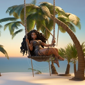 Black Woman Beach Clipart: Melanin Girl on Swing (PNG Digital Download)