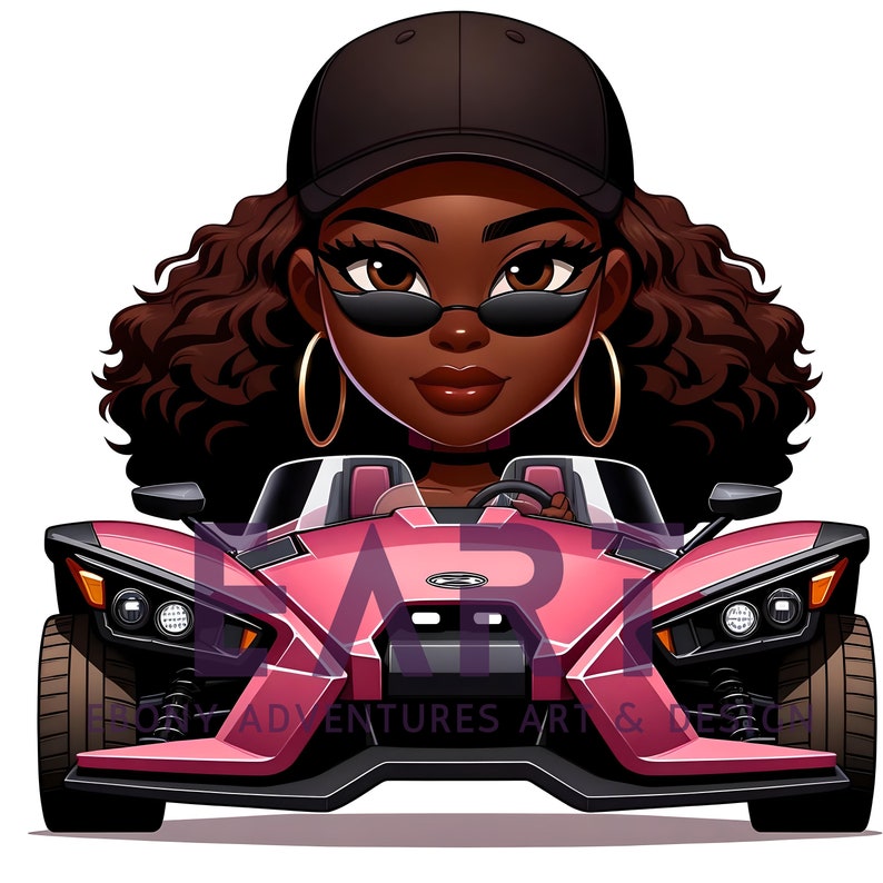 May include: A cartoon illustration of a Black woman with curly brown hair wearing a black baseball cap, sunglasses, and gold hoop earrings. She is driving a pink three-wheeled sports car.