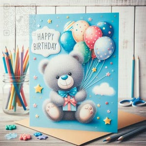 Convite de aniversário Beary 300DPI PNG, convite de aniversário de 1º e 2º aniversário de Teddy para meninos e meninas, convite para festa para impressão, modelo Canva editável