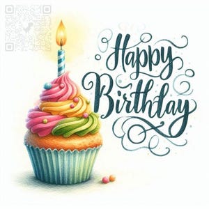 Happy Birthday Card - DIGITAL Download - Printable Birthday Card Featuring Colorful Cupcake - High-Resolution 300dpi PNG Printable Card