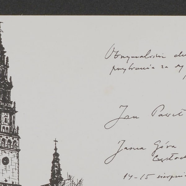 Einzigartige Souvenirkarte vom Besuch von Papst Johannes Paul II. in Jasna Góra im Jahr 1991 unterzeichnet