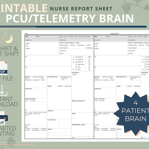 PCU/Step-down/Telemetry Nurse Brain Report Sheet  |  Printable PDF download