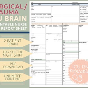 以下が含まれることがあります： 看護師向けの印刷可能なICU脳レポートシート。このシートは2人の患者向けに設計されており、評価、バイタルサイン、薬剤など、さまざまなセクションが含まれています。このシートはPDFダウンロードとして入手でき、無制限に印刷できます。
