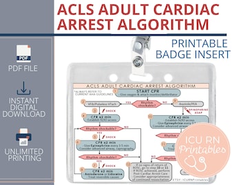 Inserto de insignia del algoritmo de paro cardíaco en adultos ACLS / Descarga en PDF imprimible