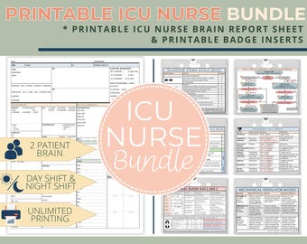 Op de afbeelding: Een printbare ICU-verpleegkundige bundel met een rapportblad en badge-inzetstukken. De documenten bevatten tekst zoals PRINTABLE ICU NURSE BUNDLE, GLASGOW COMA SCALE en MECHANICAL VENTILATOR MODES, georganiseerd in tabellen met witte achtergronden.