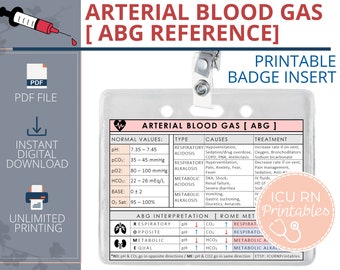 Arterial Blood Gas [ ABG ] Badge Insert  |  Printable PDF download