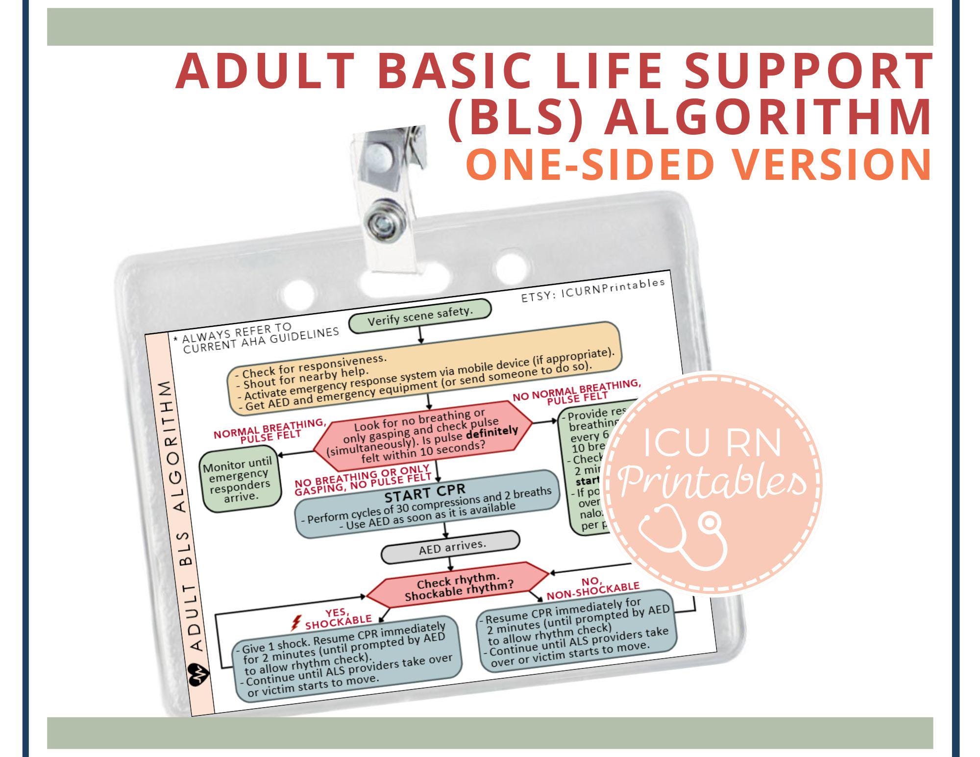 Adult Basic Life Support (BLS) Algorithm Bundle: Reference Sheet ...