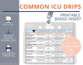 Common ICU Drips Badge Insert  |  Printable PDF download