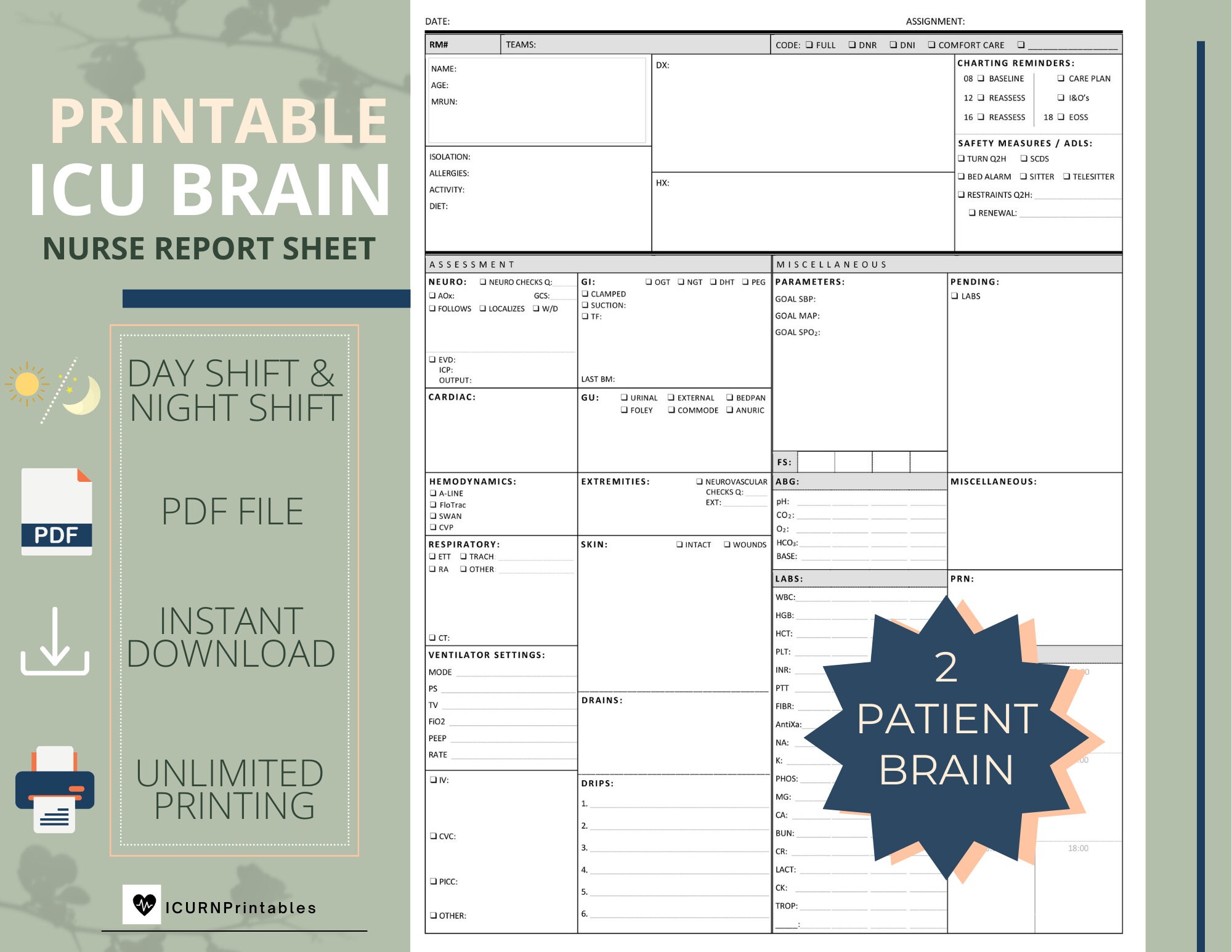 ICU Nurse Brain Report Sheet Printable PDF - Etsy