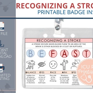 Peut inclure: Une insertion de badge imprimable avec l'acronyme "BEFAST" en cercles rouges et bleus. L'acronyme signifie Balance, Yeux, Visage, Bras, Parole et sert de rappel des signes d'un AVC. L'insertion de badge est conçue pour les professionnels de santé et comprend le texte "Reconnaître un AVC" et "ICU RN Printables".