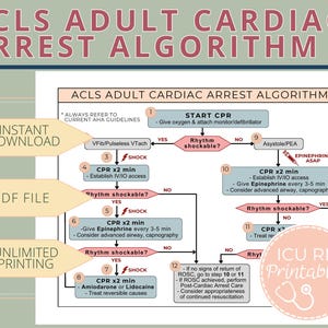 Può includere: Un diagramma di flusso che descrive i passaggi dell'algoritmo di arresto cardiaco per adulti dell'Advanced Cardiac Life Support (ACLS). Il diagramma di flusso include istruzioni per la RCP, la defibrillazione, la somministrazione di farmaci e altri interventi critici. Il diagramma è progettato per essere seguito dai professionisti sanitari durante un arresto cardiaco.